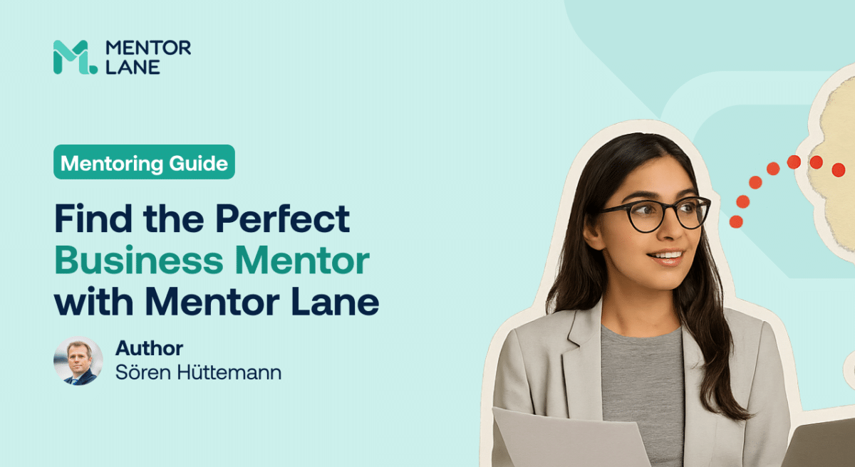 Woman in glasses holding papers, smiling to the right against a blue background. Text: "Entrepreneur Mentoring: Find the Perfect Business Mentor with Mentor Lane."